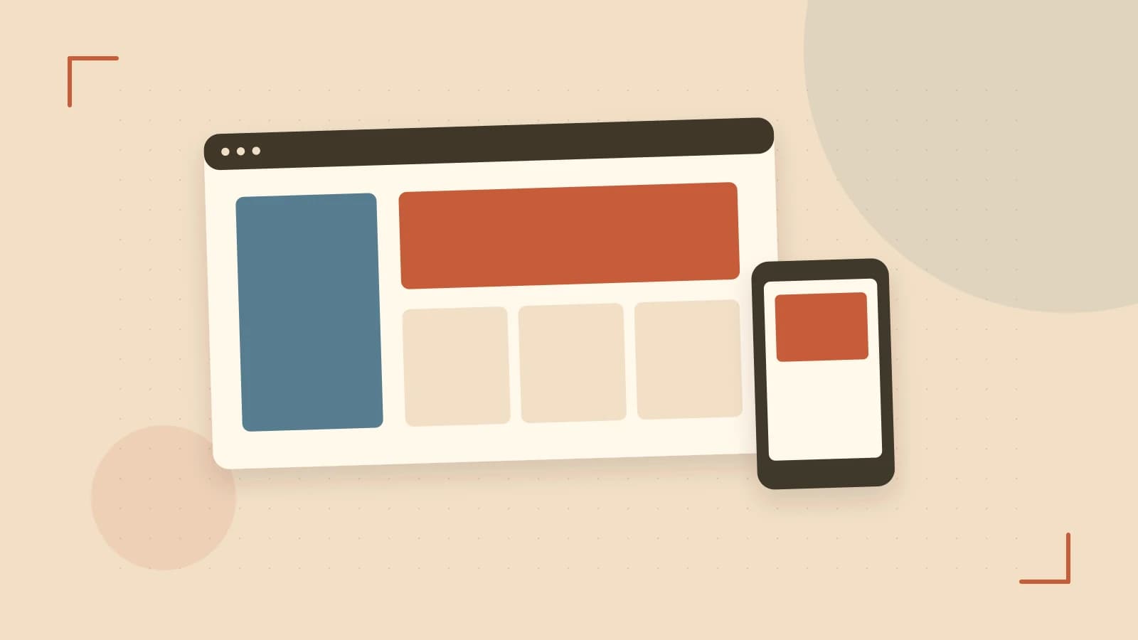 Editorial illustration of responsive browser layouts, overlapping design components and a color system