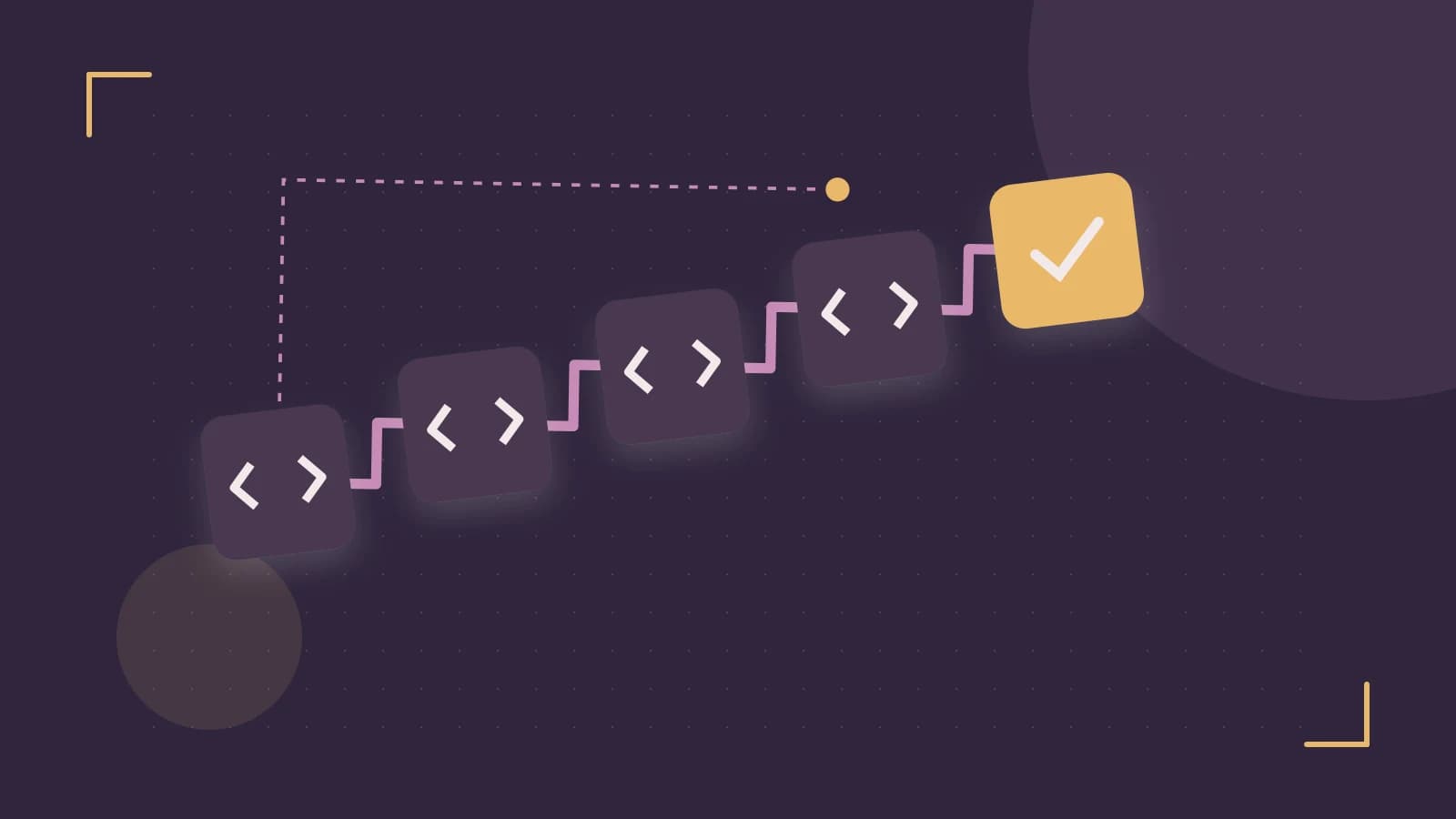 Editorial illustration of a branching build pipeline, staged transformations and a completed check
