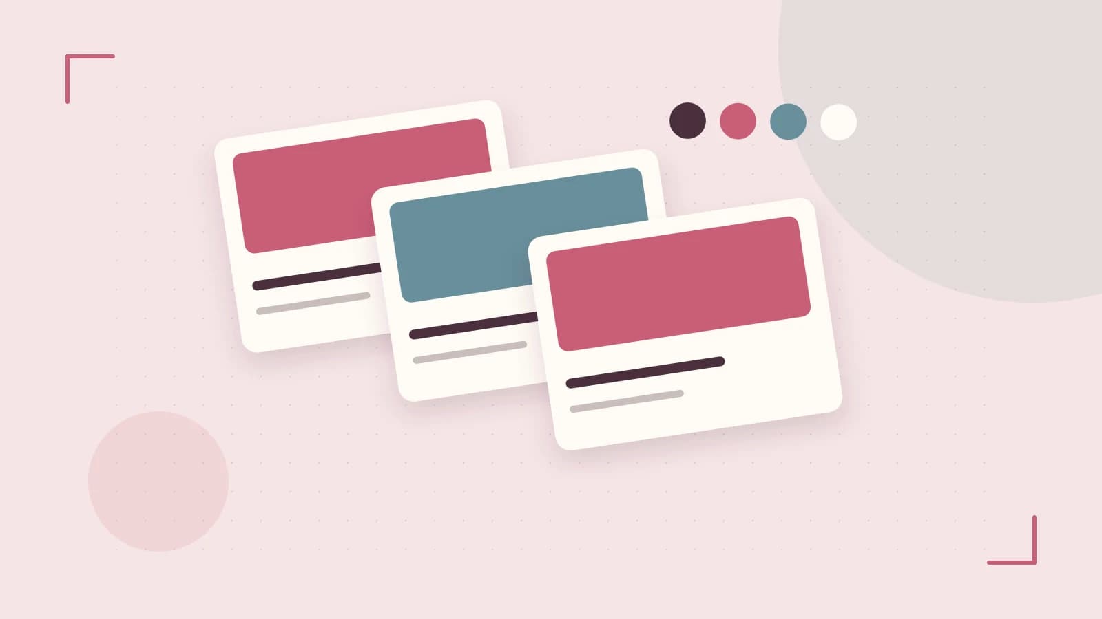 Editorial illustration of responsive browser layouts, overlapping design components and a color system