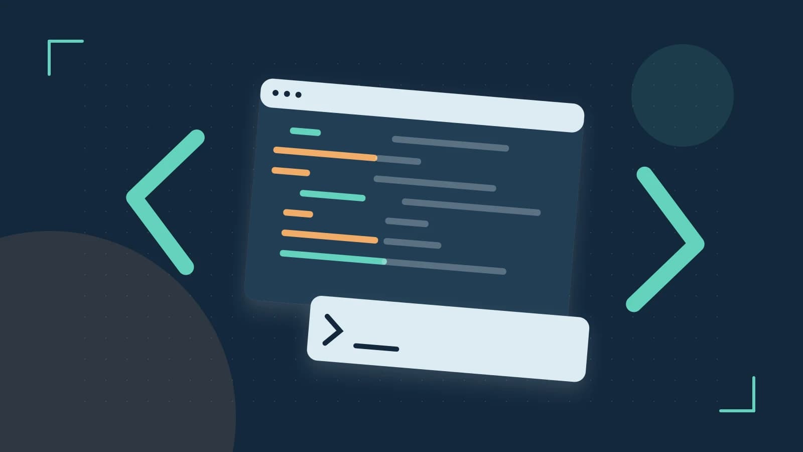 Editorial illustration of an abstract code editor, syntax blocks and oversized programming brackets