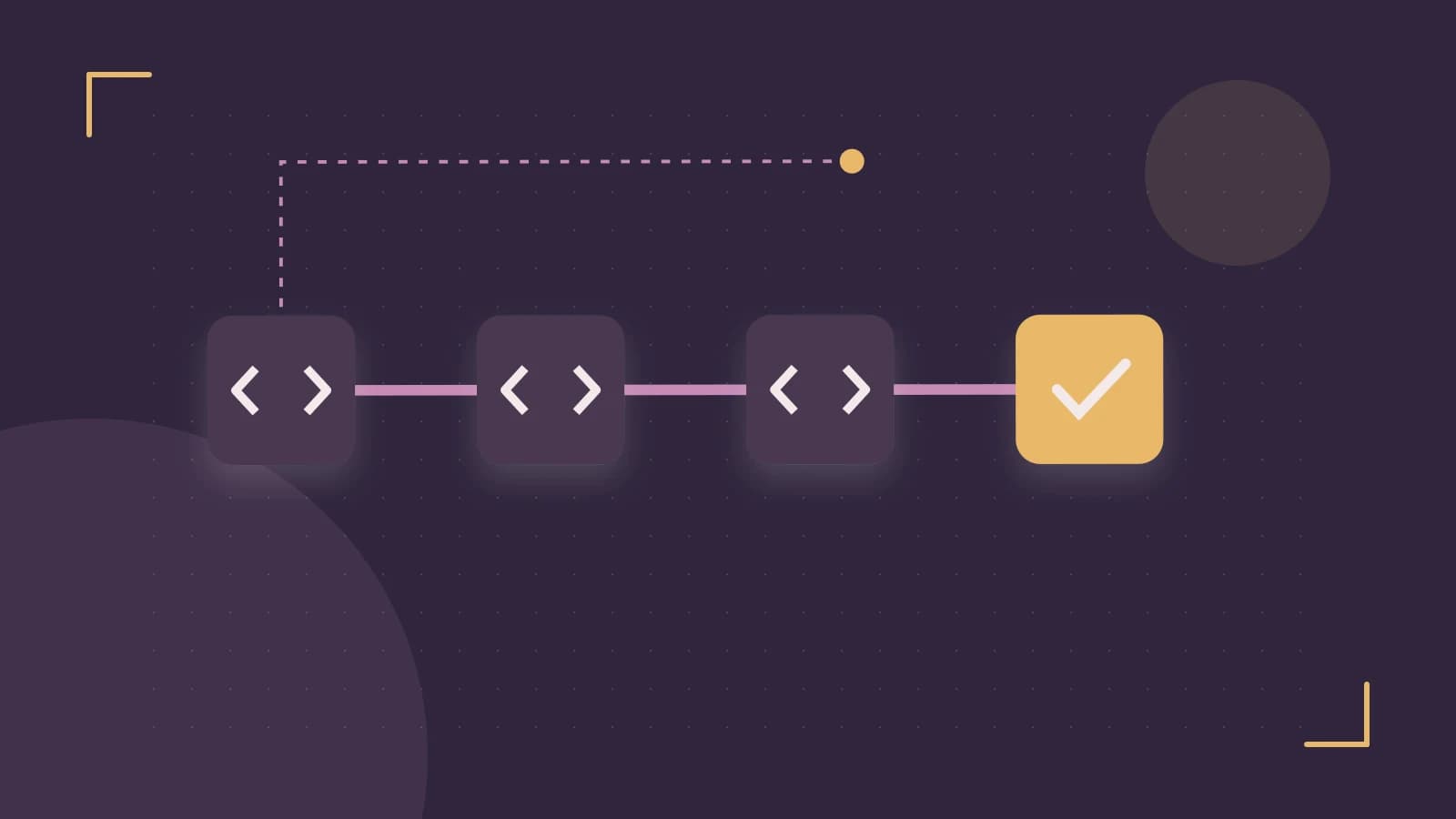Editorial illustration of a branching build pipeline, staged transformations and a completed check