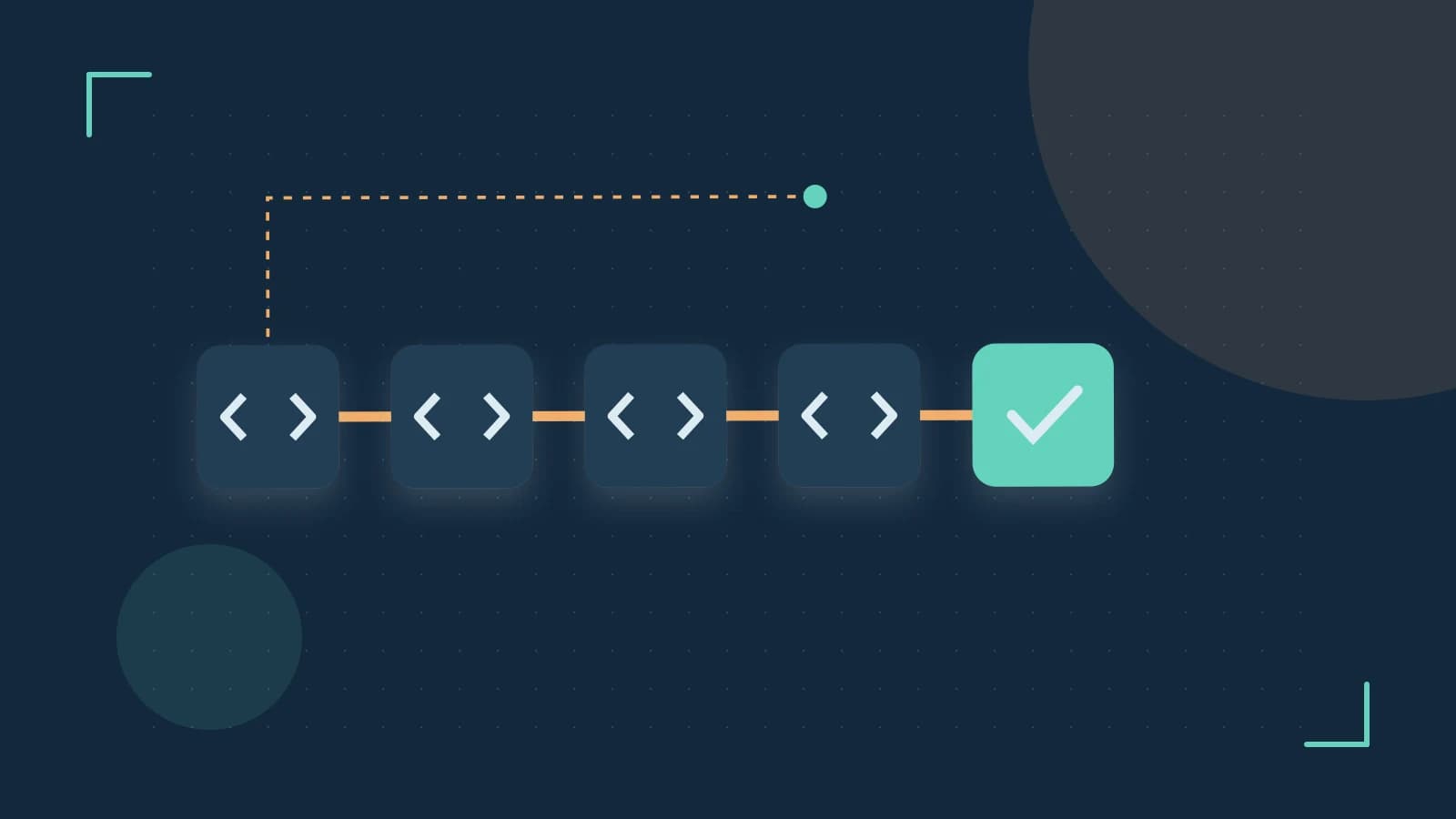 Editorial illustration of a branching build pipeline, staged transformations and a completed check
