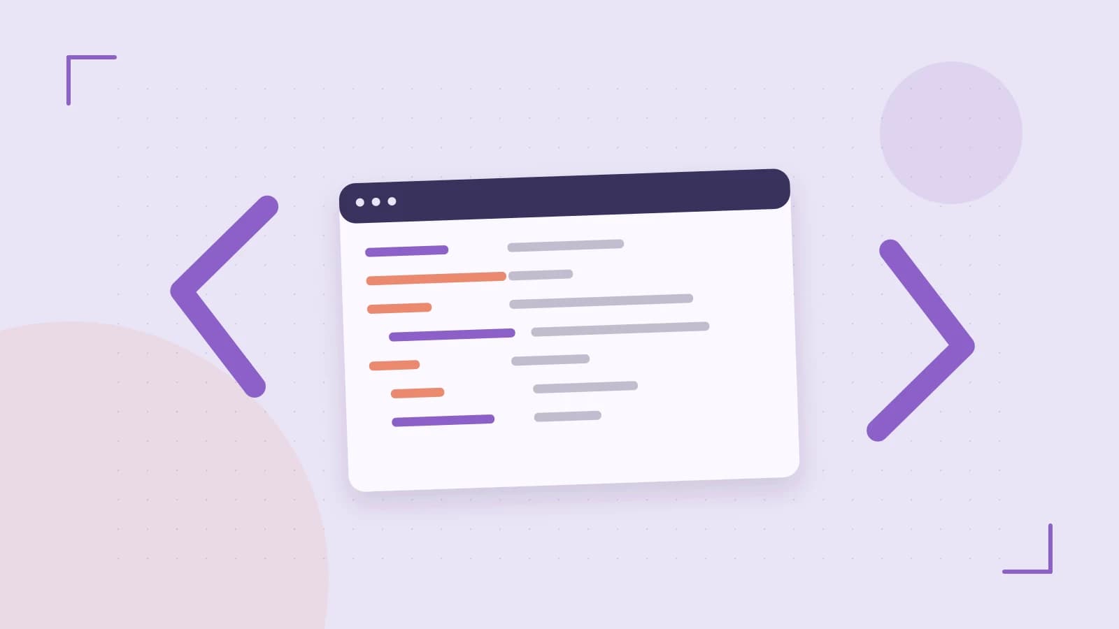 Editorial illustration of an abstract code editor, syntax blocks and oversized programming brackets
