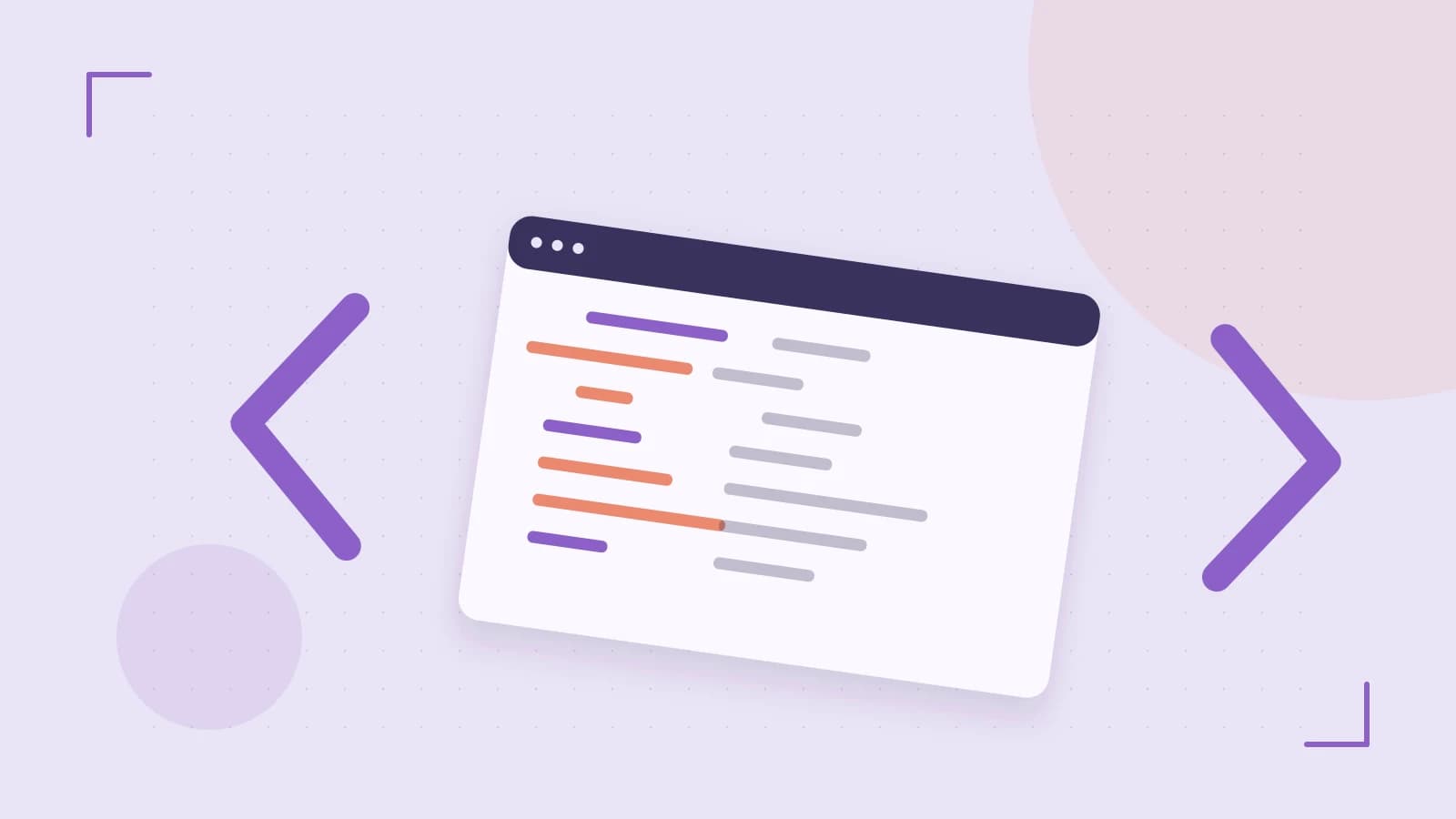 Editorial illustration of an abstract code editor, syntax blocks and oversized programming brackets