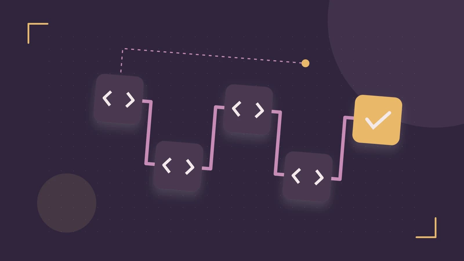 Editorial illustration of a branching build pipeline, staged transformations and a completed check