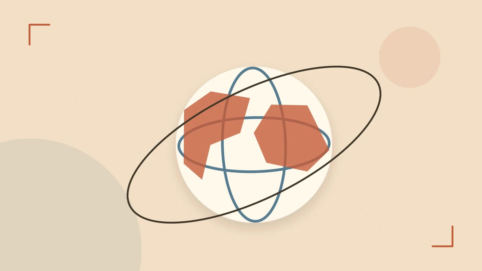 Editorial illustration of an editorial globe with meridians and layered geographic shapes