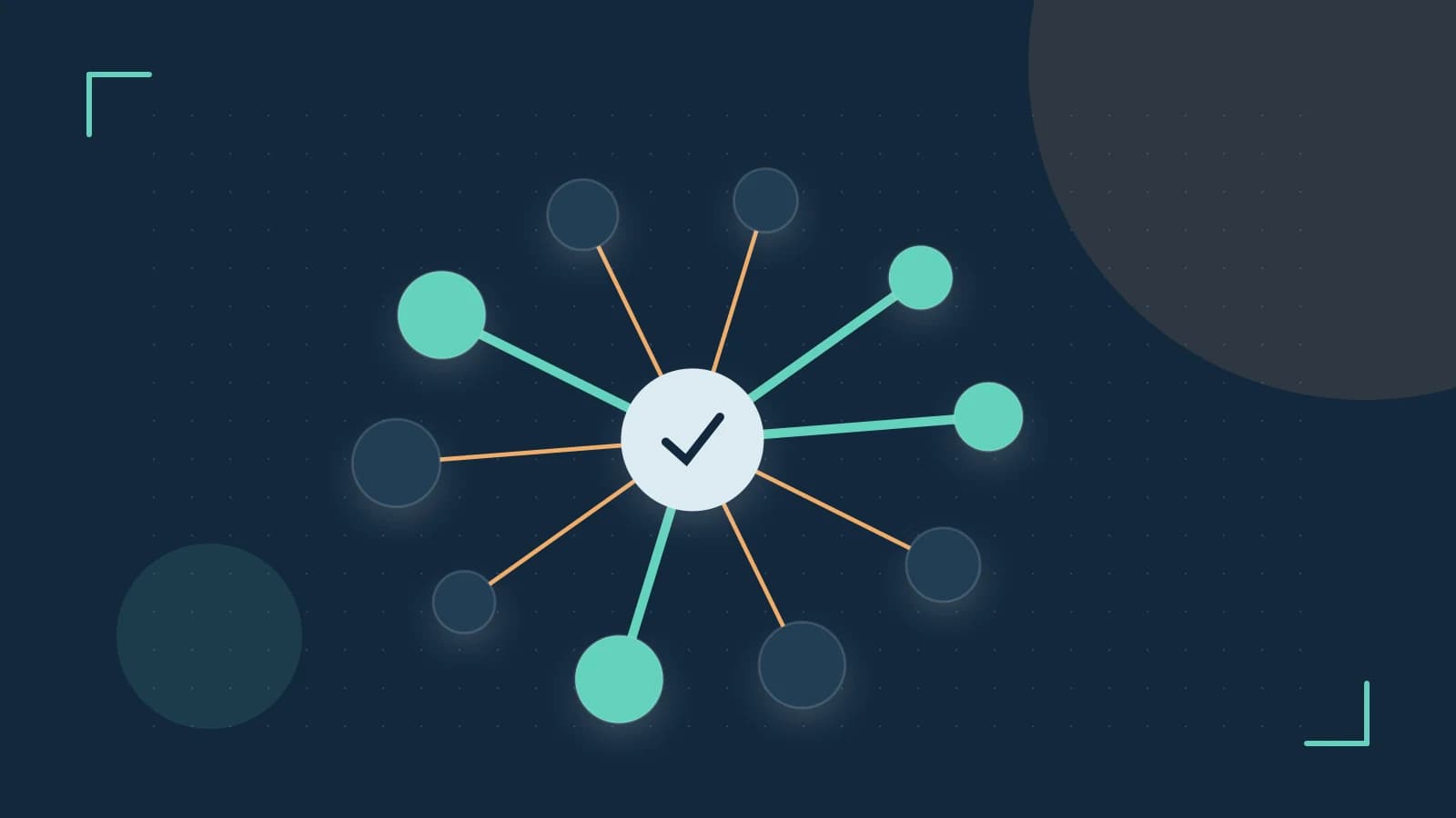 Editorial illustration of an algorithmic node graph with branching paths and a highlighted result