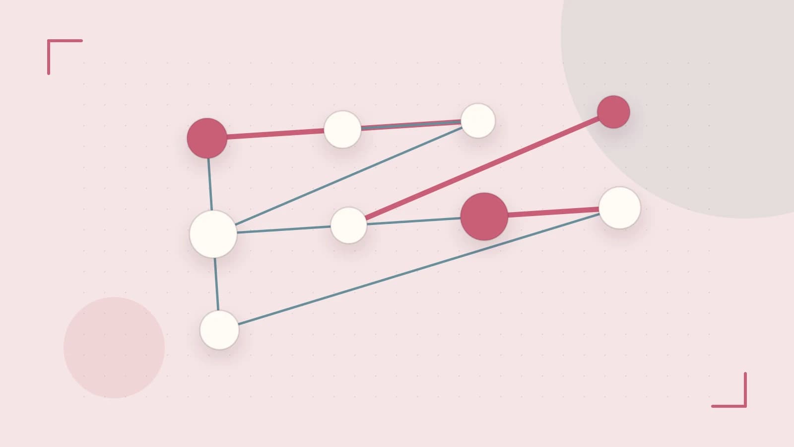 Editorial illustration of an algorithmic node graph with branching paths and a highlighted result