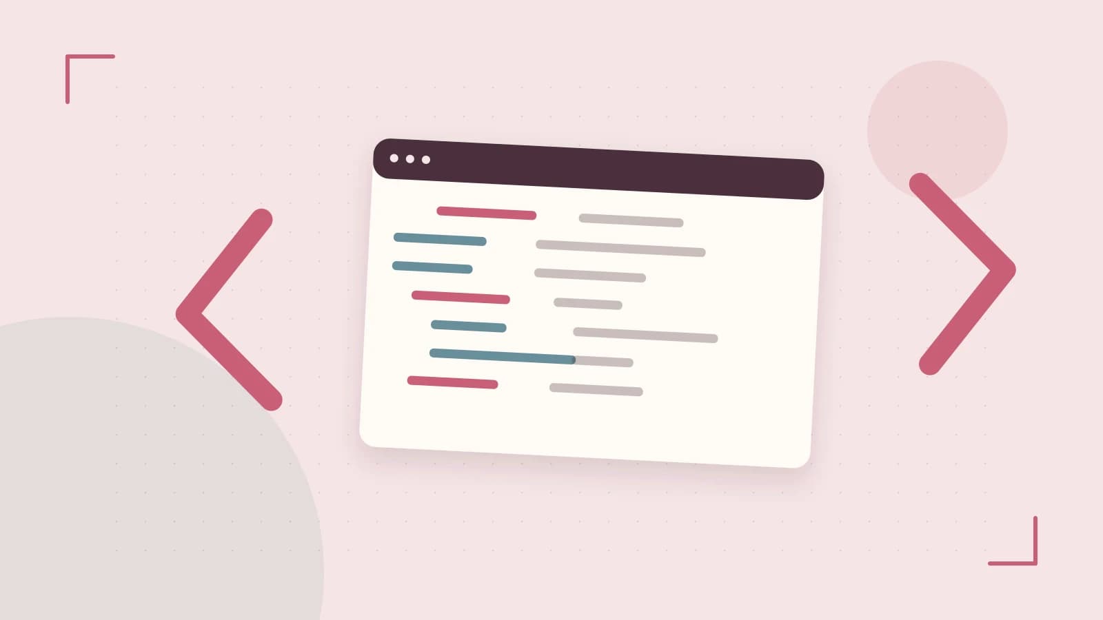 Editorial illustration of an abstract code editor, syntax blocks and oversized programming brackets