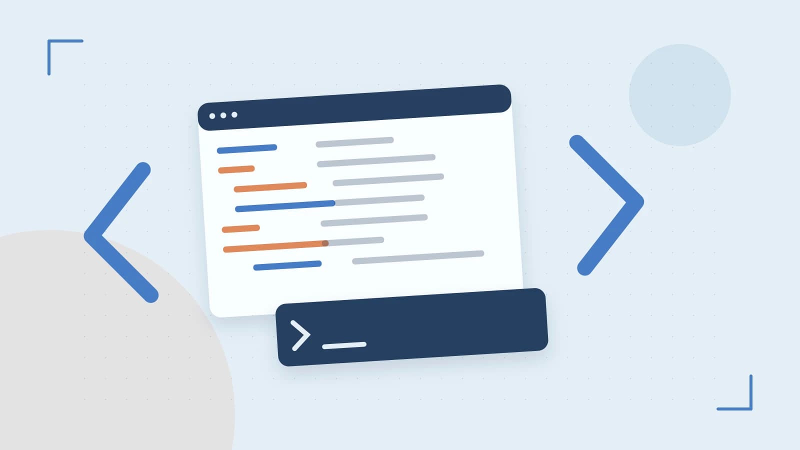 Editorial illustration of an abstract code editor, syntax blocks and oversized programming brackets