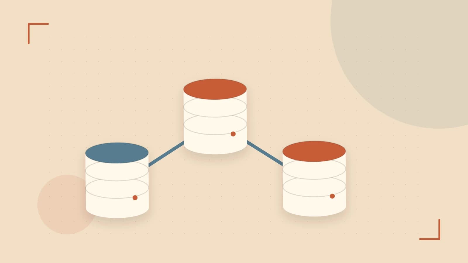 Editorial illustration of structured records, database cylinders and relationships between tables