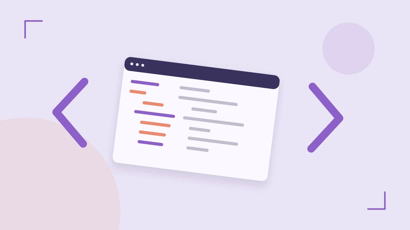 Editorial illustration of an abstract code editor, syntax blocks and oversized programming brackets