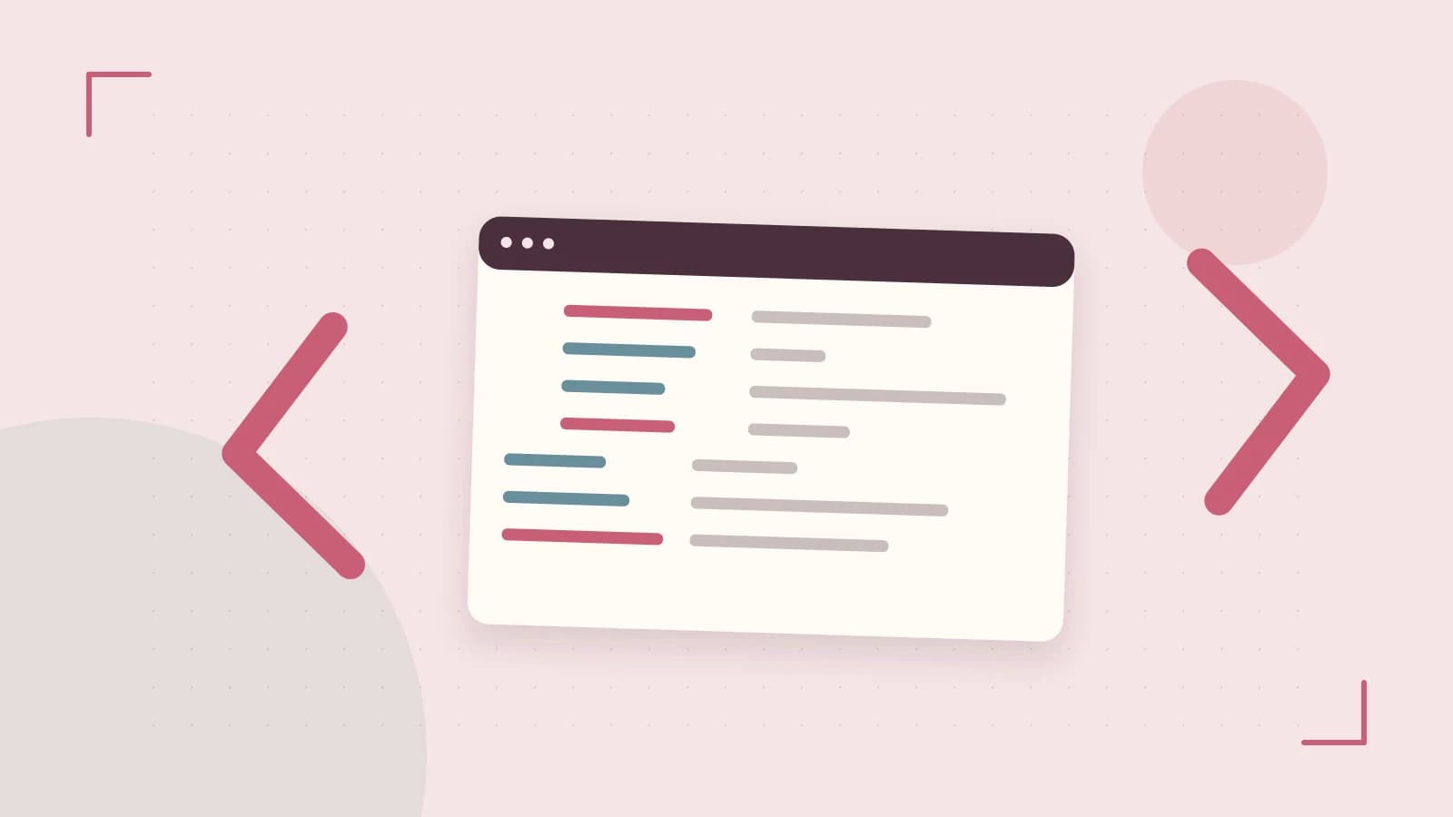 Editorial illustration of an abstract code editor, syntax blocks and oversized programming brackets