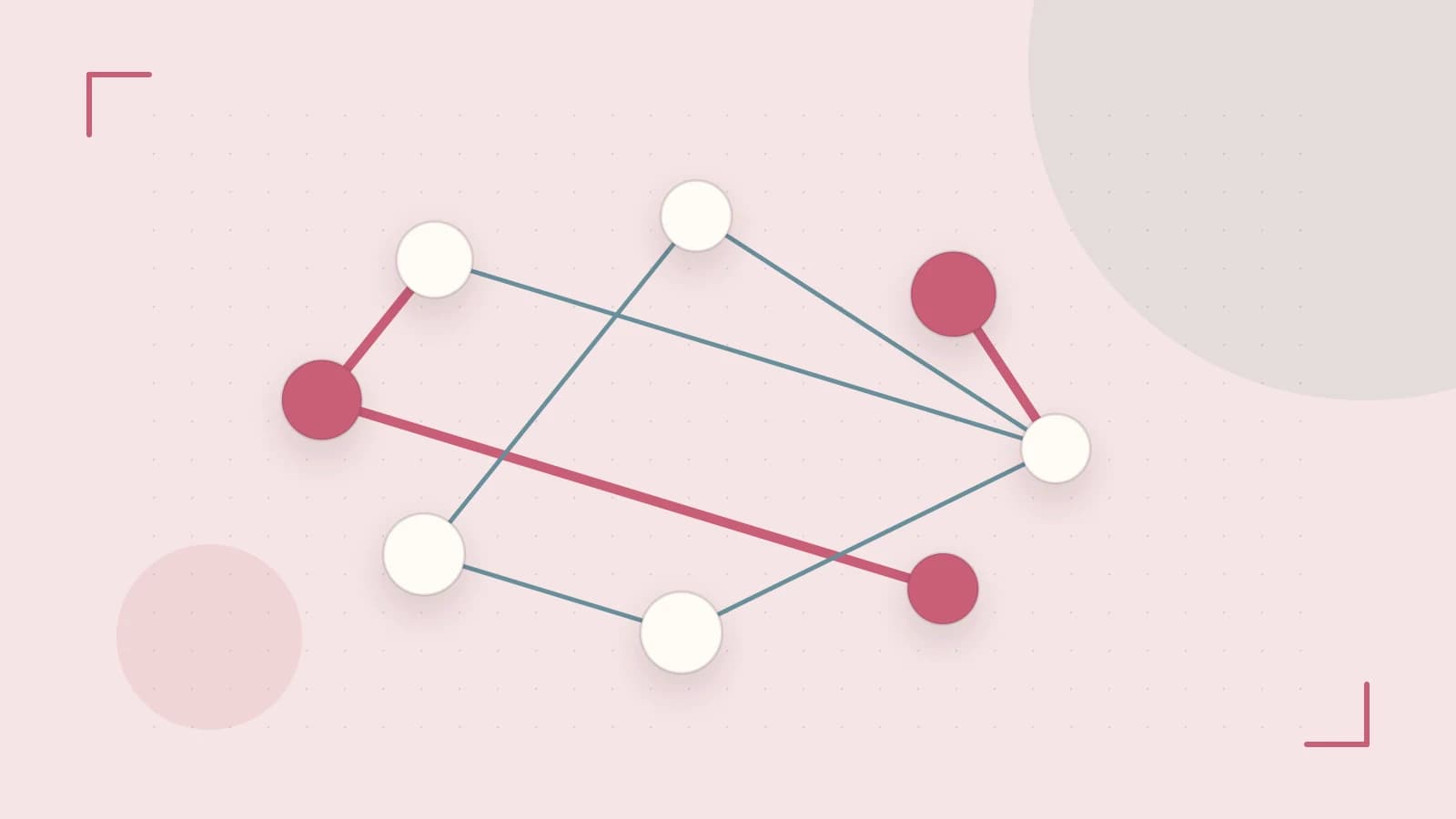 Editorial illustration of an algorithmic node graph with branching paths and a highlighted result