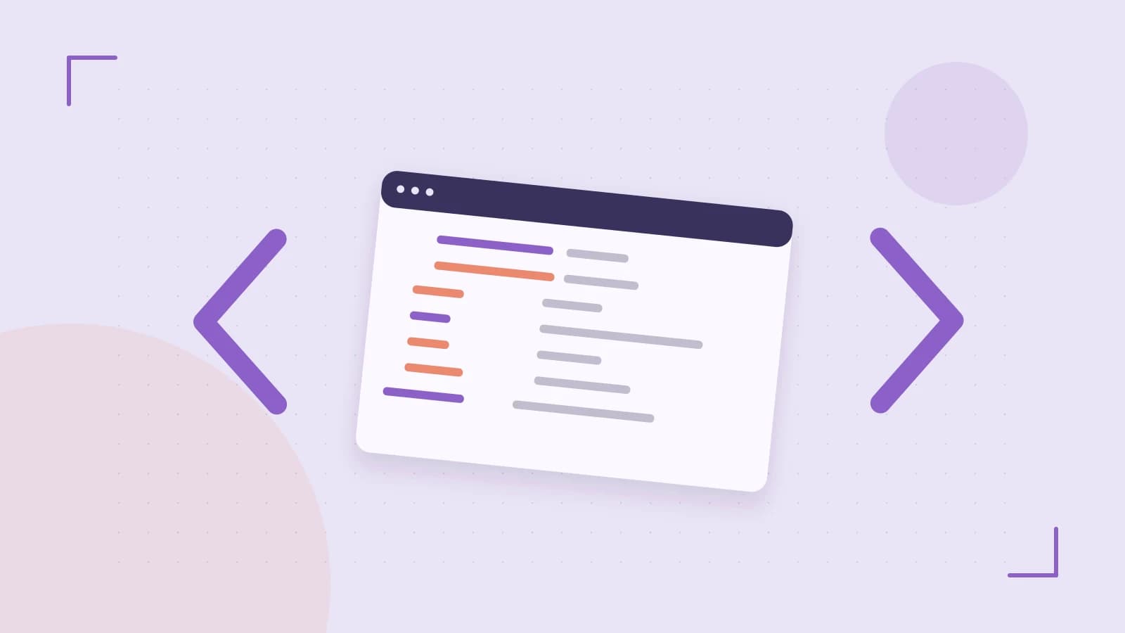 Editorial illustration of an abstract code editor, syntax blocks and oversized programming brackets