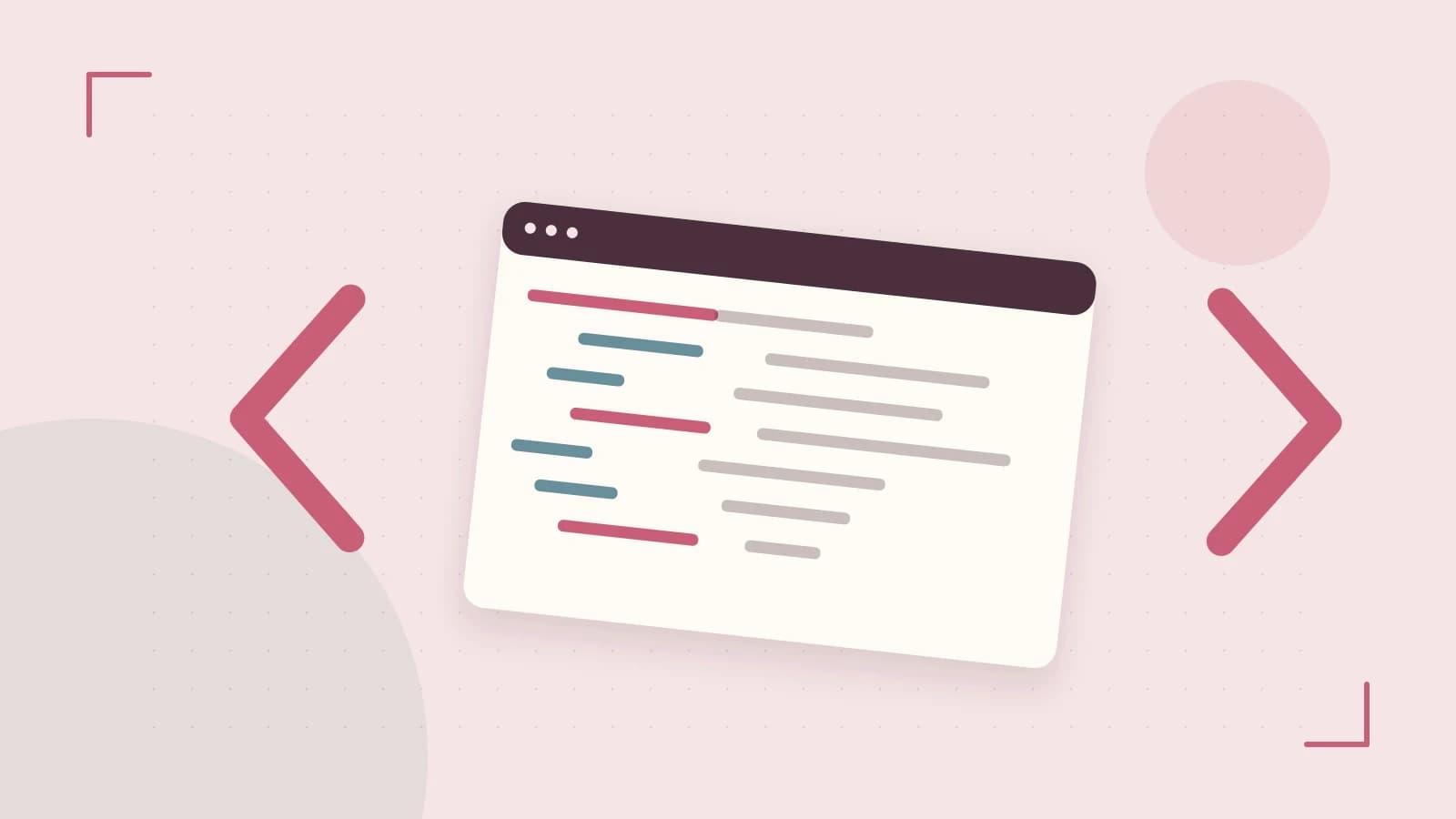 Editorial illustration of an abstract code editor, syntax blocks and oversized programming brackets