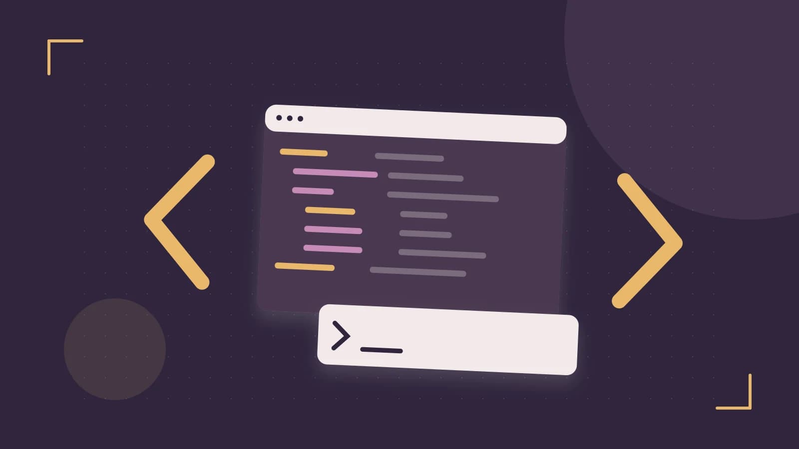 Editorial illustration of an abstract code editor, syntax blocks and oversized programming brackets