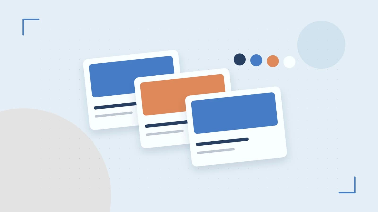 Editorial illustration of responsive browser layouts, overlapping design components and a color system