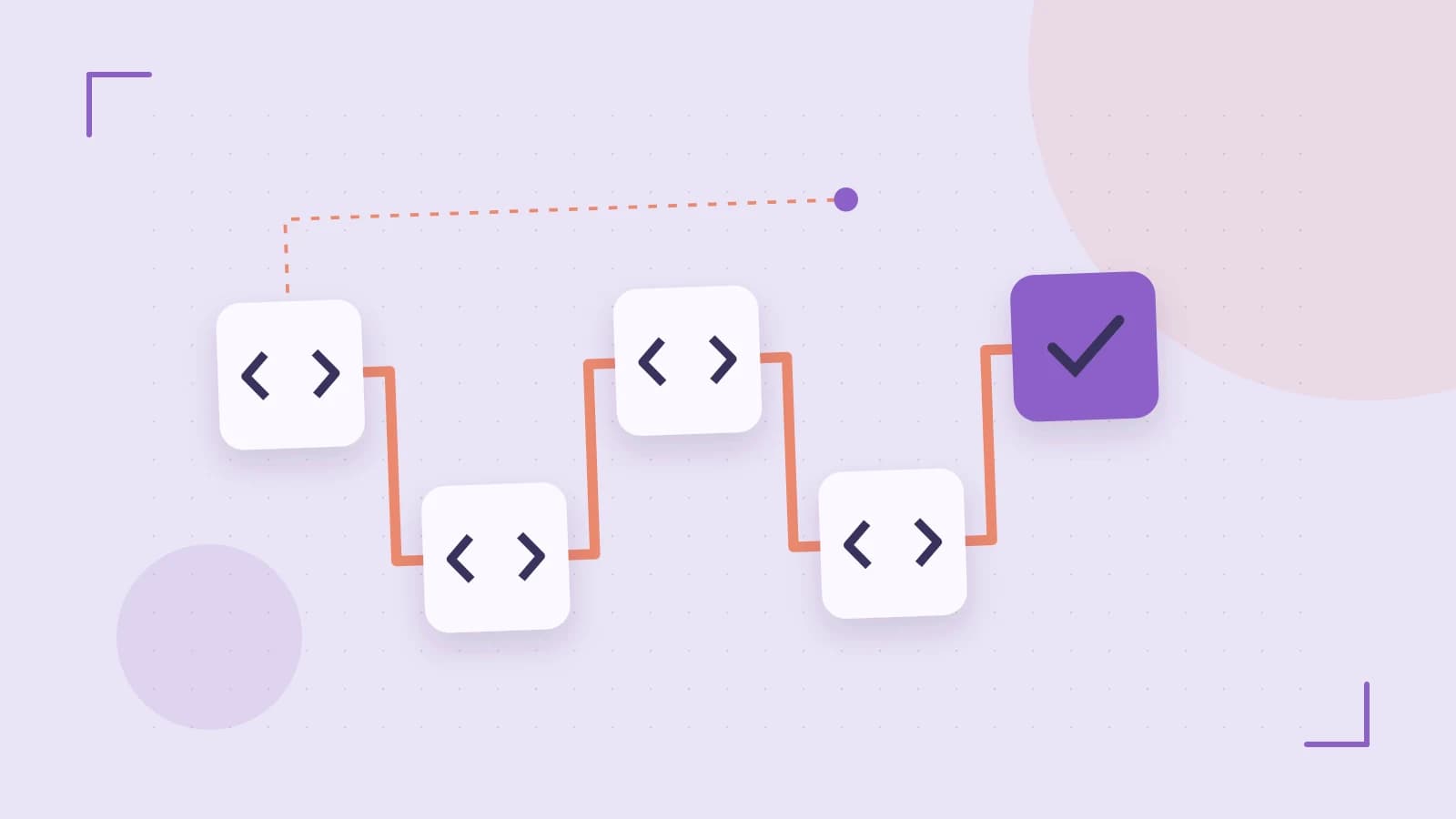Editorial illustration of a branching build pipeline, staged transformations and a completed check