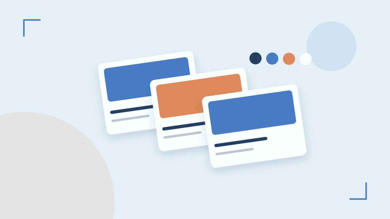 Editorial illustration of responsive browser layouts, overlapping design components and a color system
