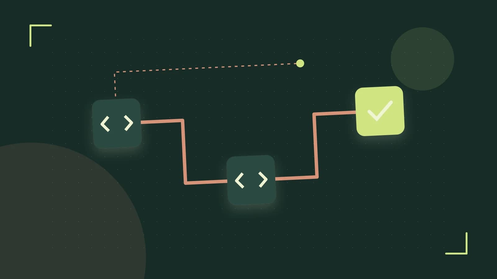 Editorial illustration of a branching build pipeline, staged transformations and a completed check