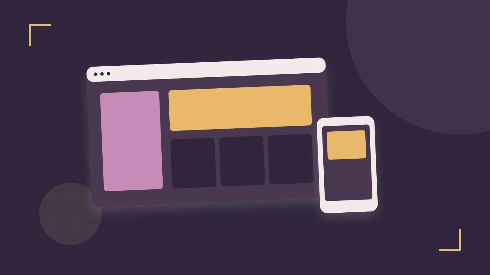 Editorial illustration of responsive browser layouts, overlapping design components and a color system