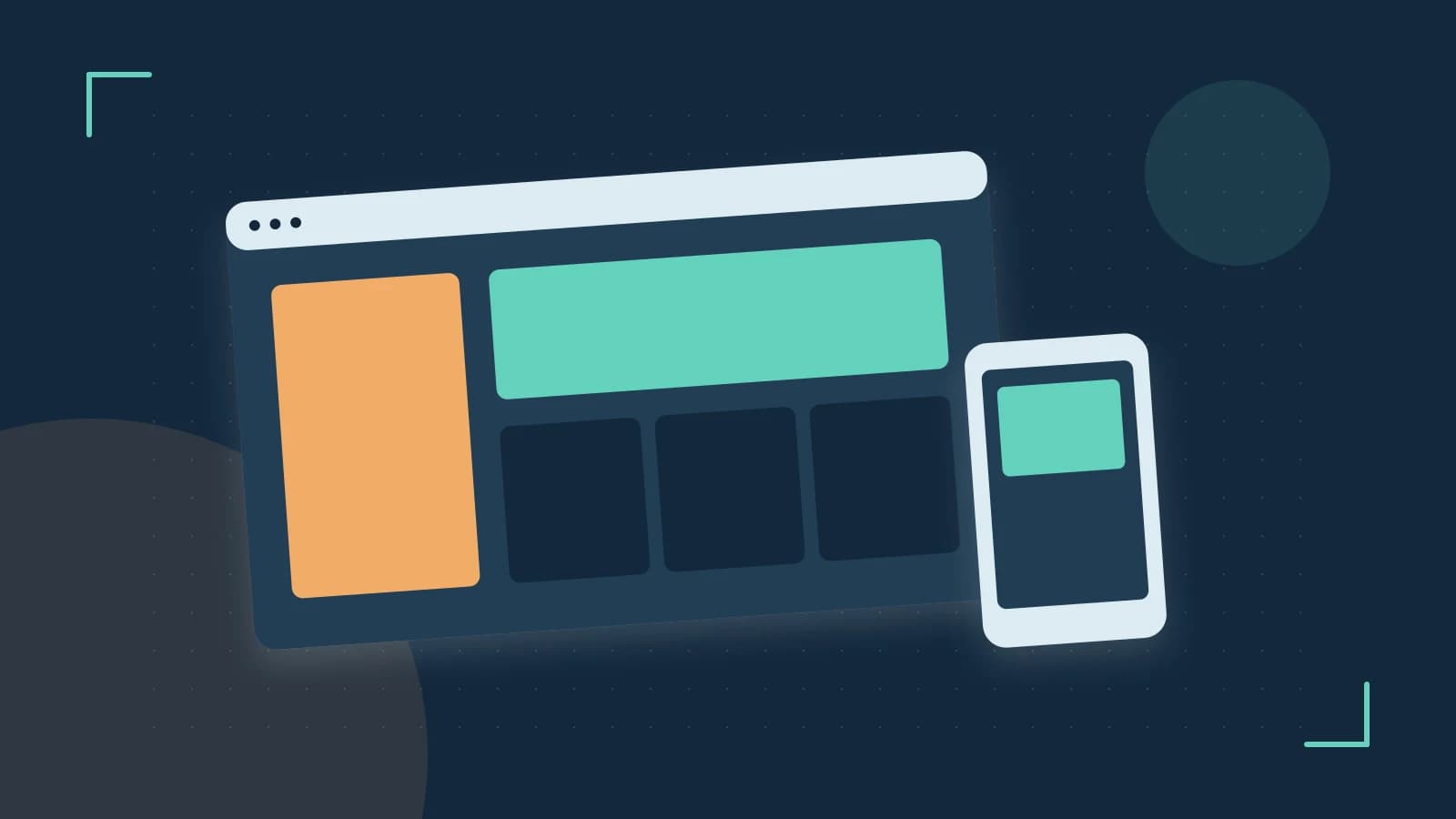 Editorial illustration of responsive browser layouts, overlapping design components and a color system
