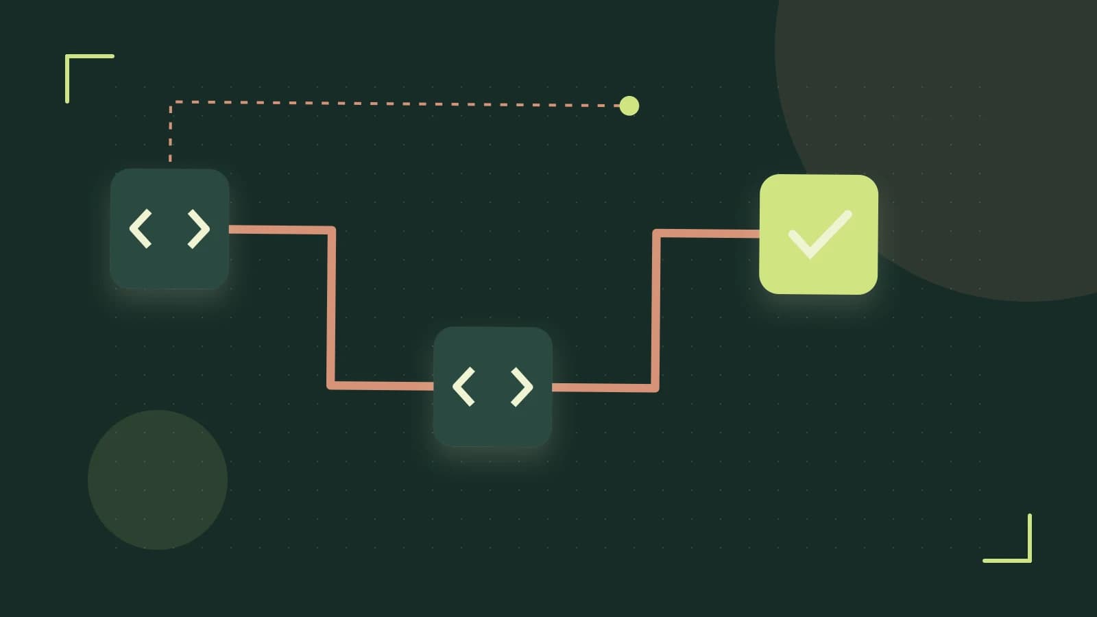 Editorial illustration of a branching build pipeline, staged transformations and a completed check