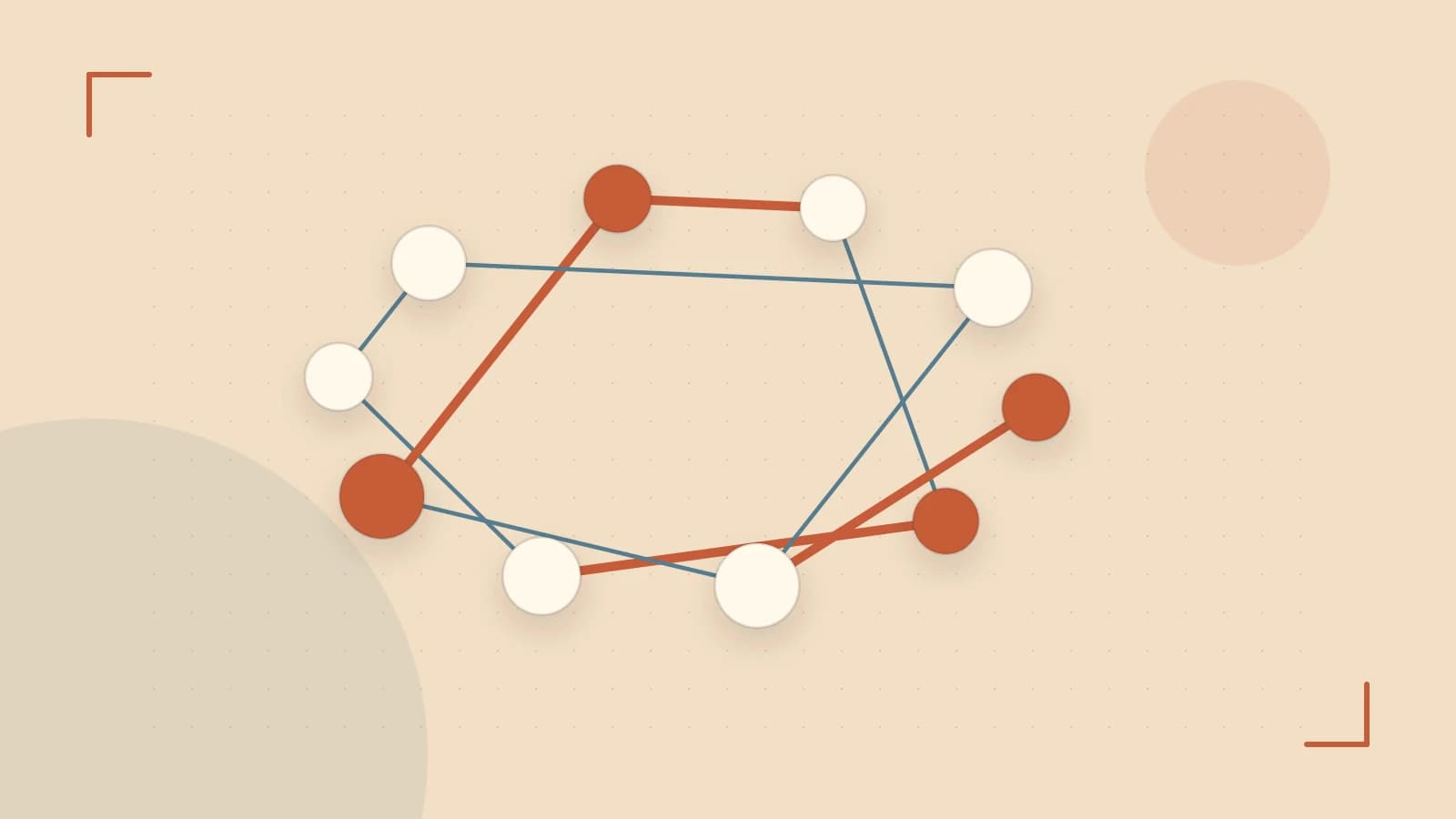 Editorial illustration of an algorithmic node graph with branching paths and a highlighted result