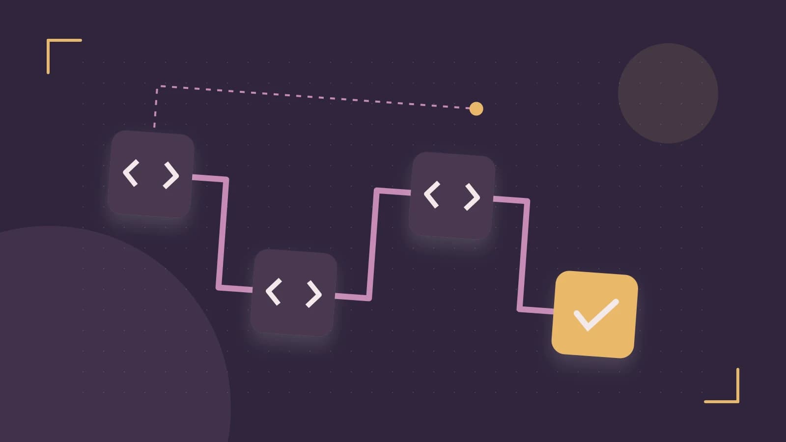 Editorial illustration of a branching build pipeline, staged transformations and a completed check