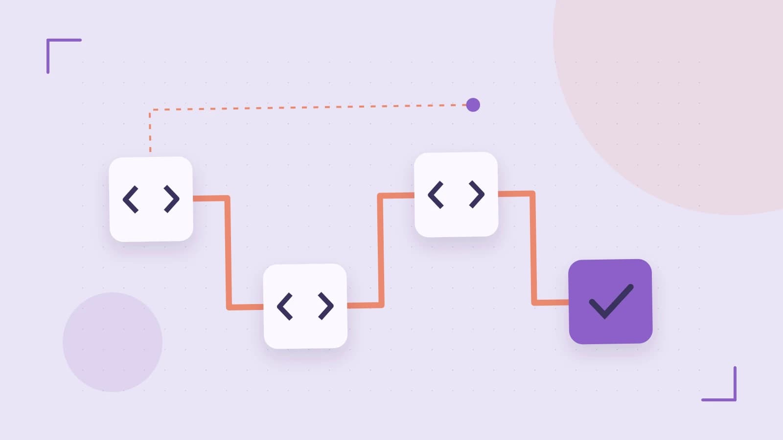 Editorial illustration of a branching build pipeline, staged transformations and a completed check