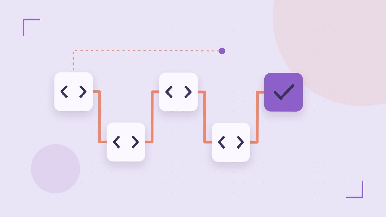 Editorial illustration of a branching build pipeline, staged transformations and a completed check