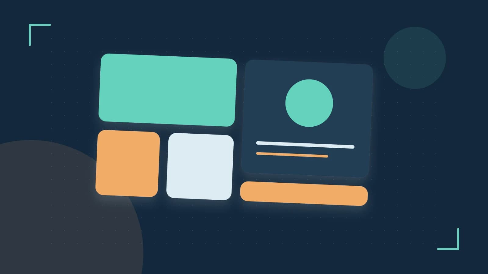 Editorial illustration of responsive browser layouts, overlapping design components and a color system