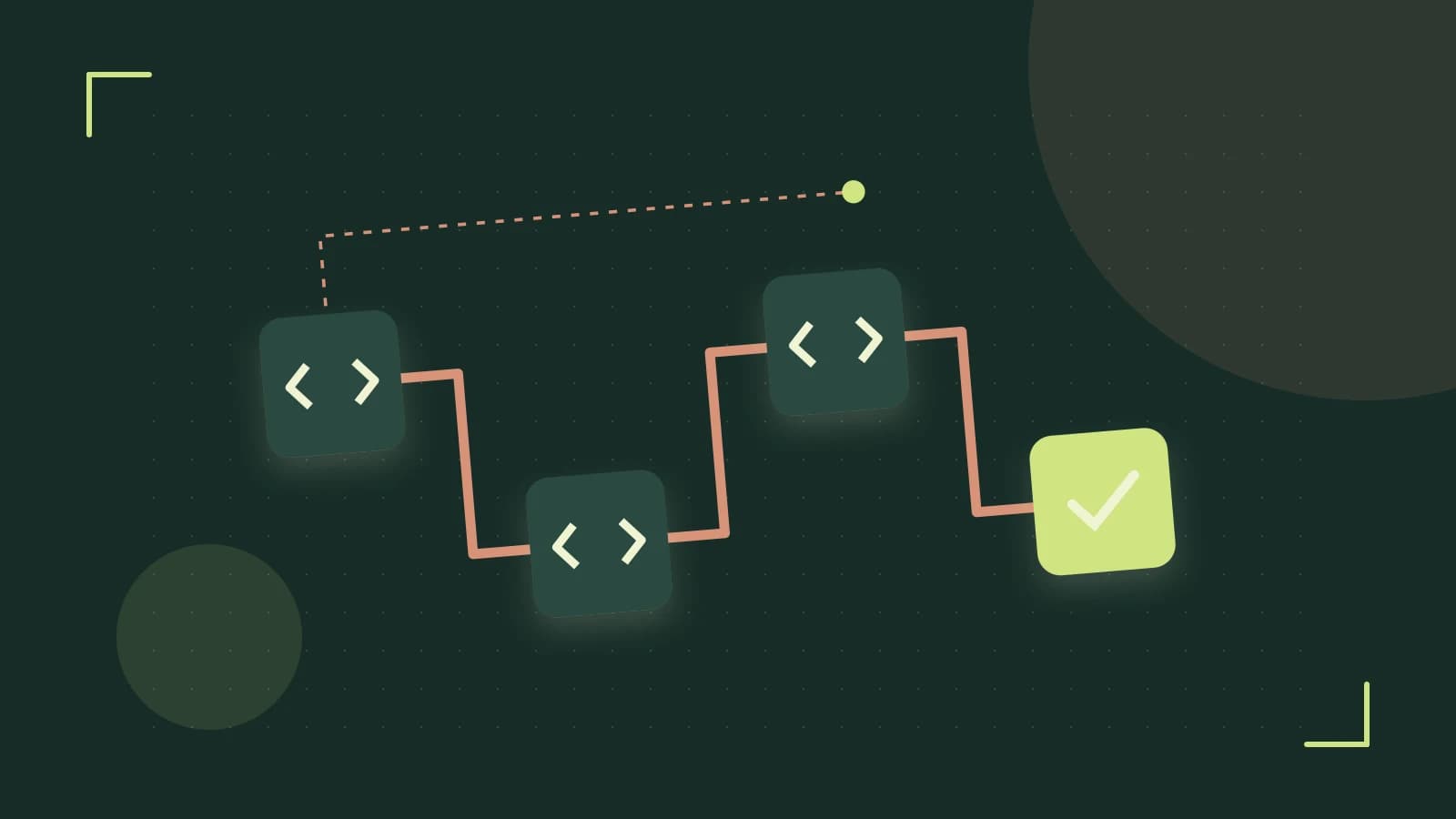 Editorial illustration of a branching build pipeline, staged transformations and a completed check