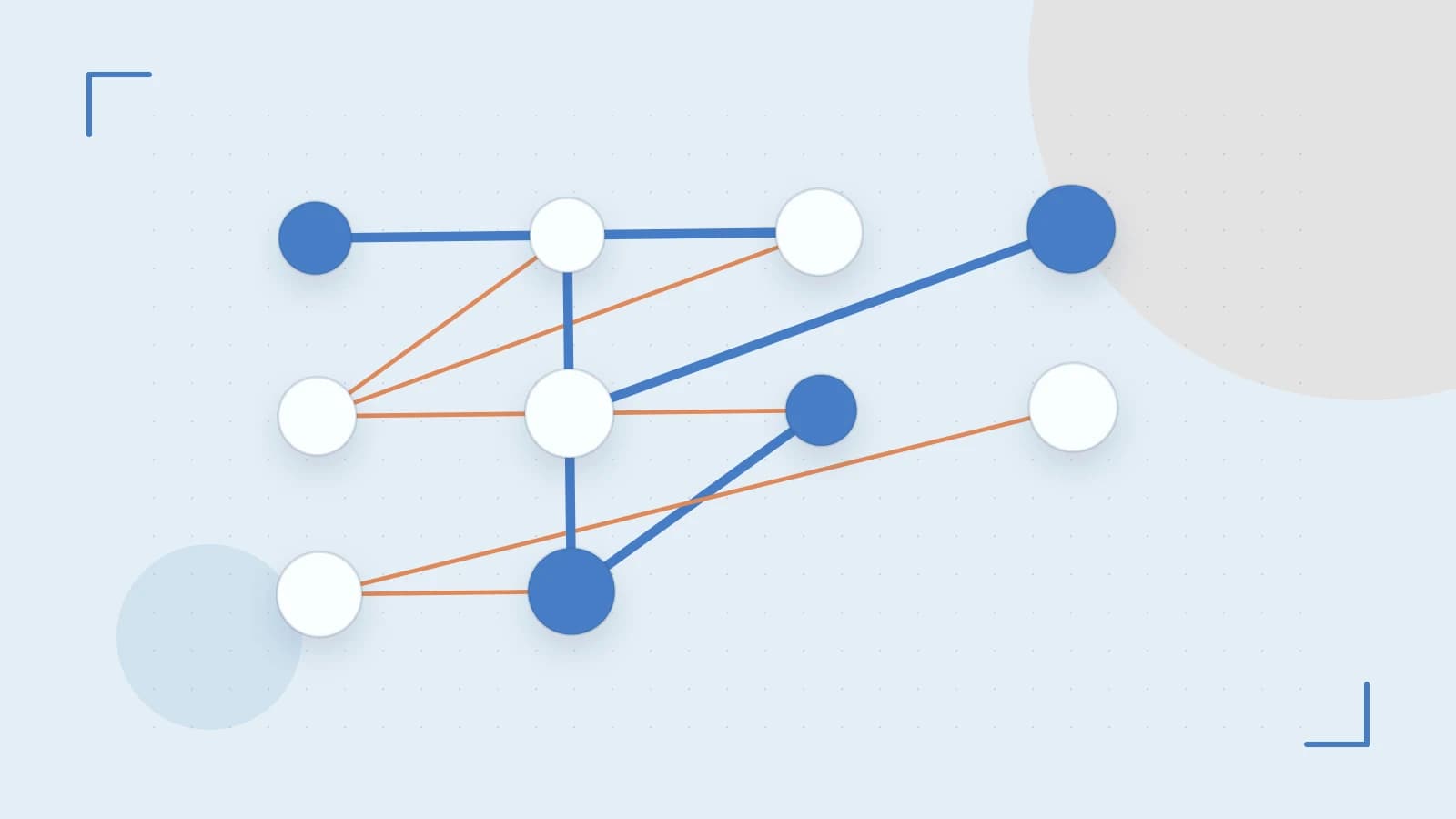 Editorial illustration of an algorithmic node graph with branching paths and a highlighted result