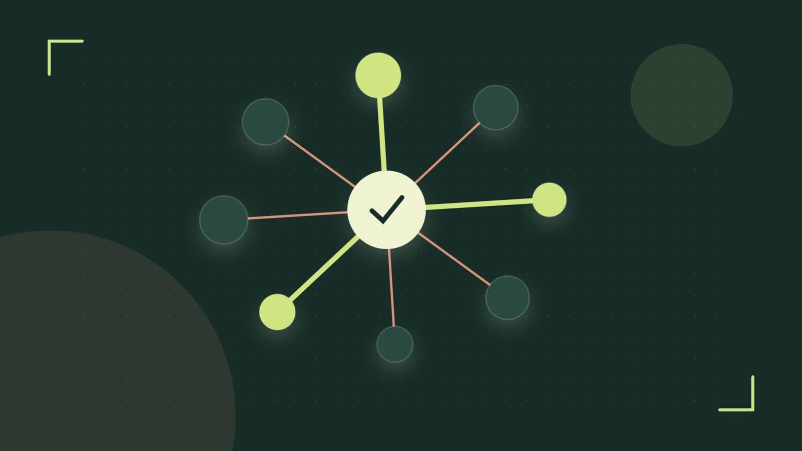Editorial illustration of an algorithmic node graph with branching paths and a highlighted result