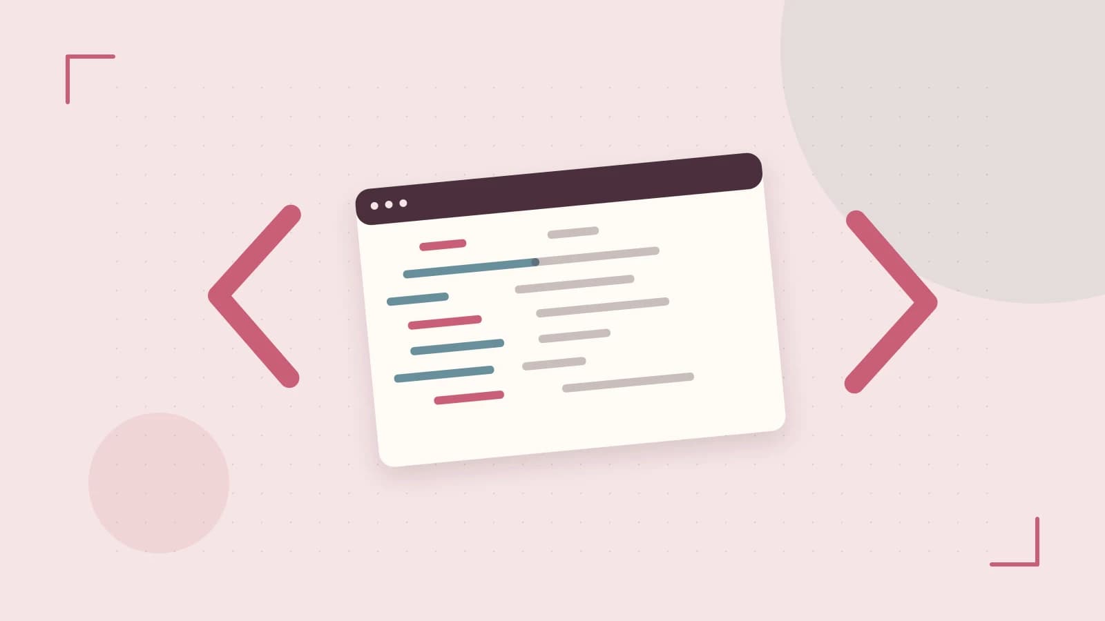 Editorial illustration of an abstract code editor, syntax blocks and oversized programming brackets