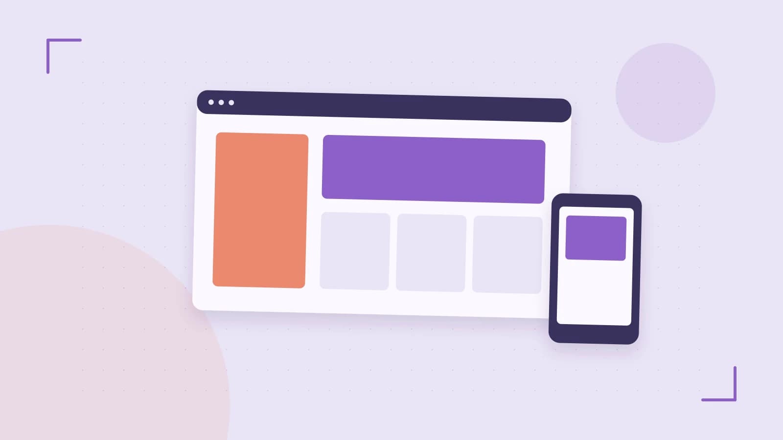 Editorial illustration of responsive browser layouts, overlapping design components and a color system