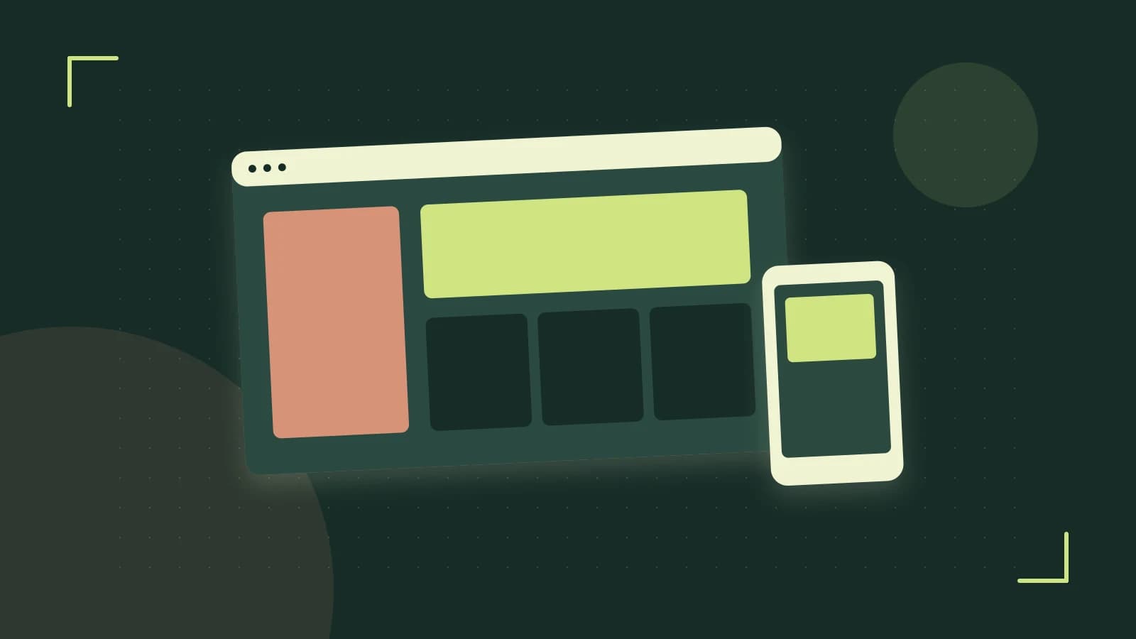 Editorial illustration of responsive browser layouts, overlapping design components and a color system