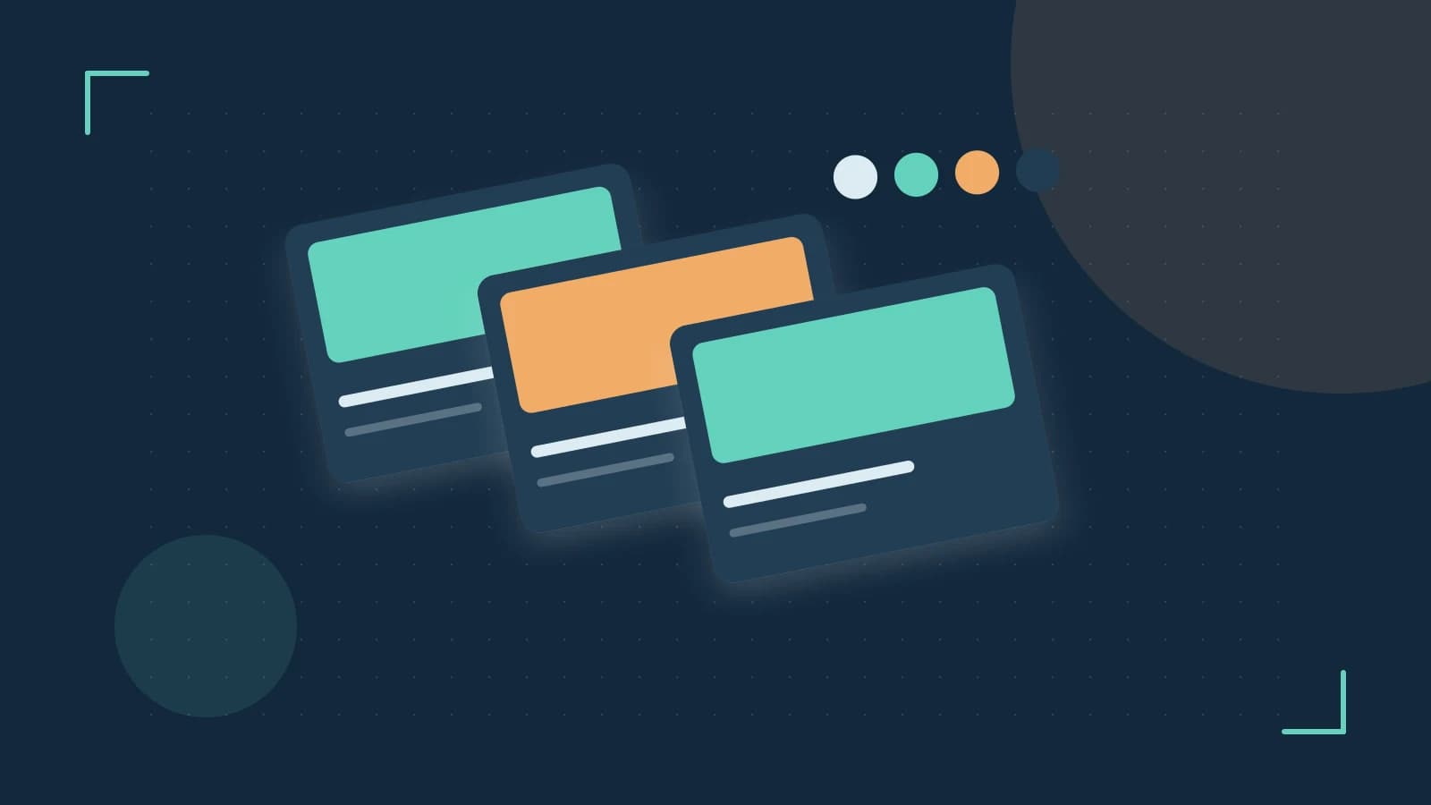 Editorial illustration of responsive browser layouts, overlapping design components and a color system