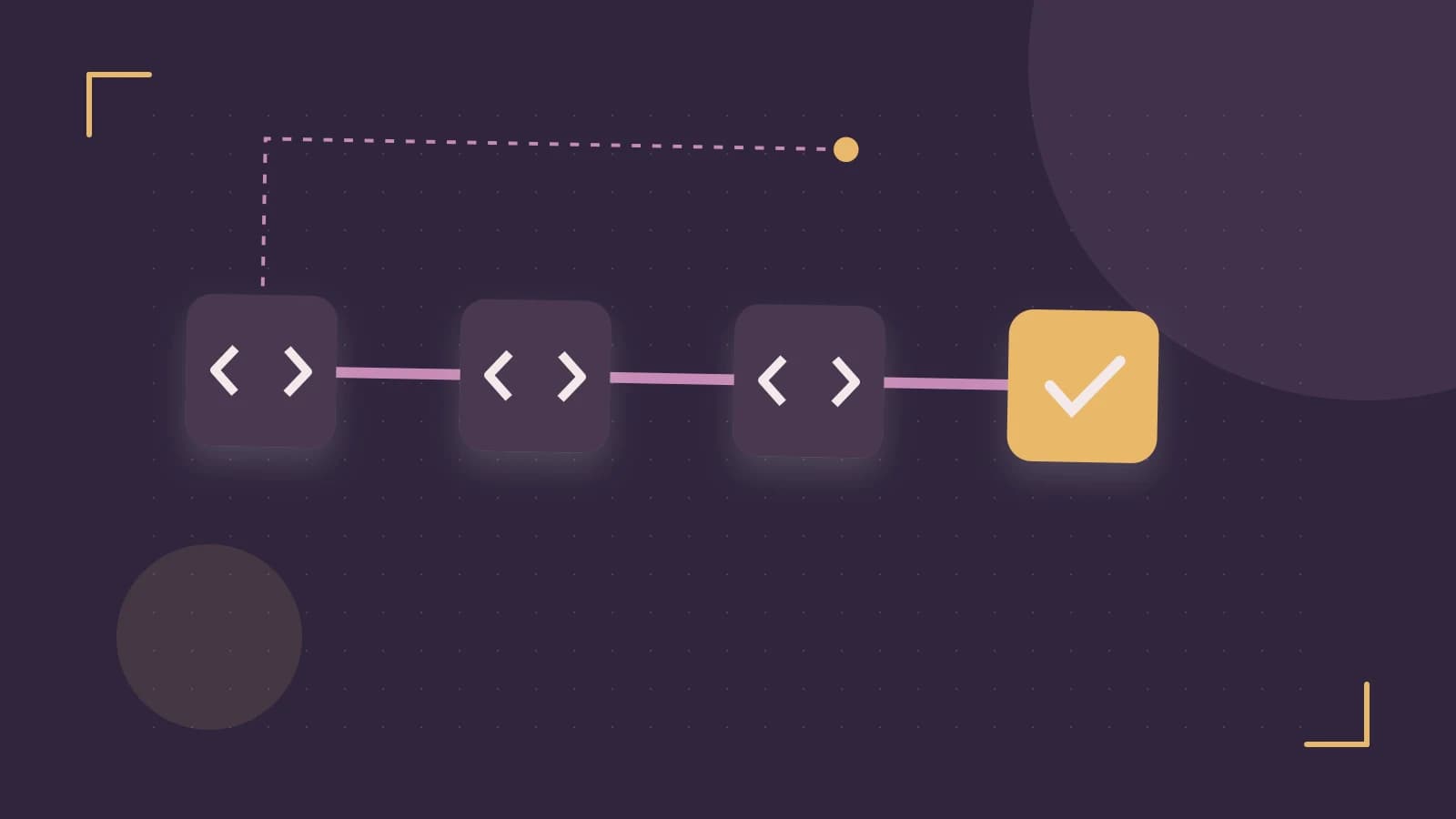 Editorial illustration of a branching build pipeline, staged transformations and a completed check