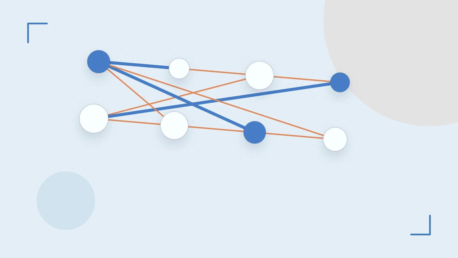 Editorial illustration of an algorithmic node graph with branching paths and a highlighted result