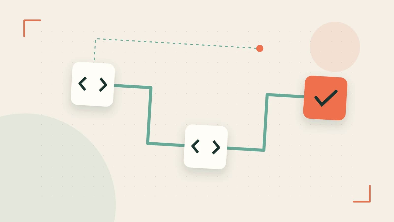 Editorial illustration of a branching build pipeline, staged transformations and a completed check