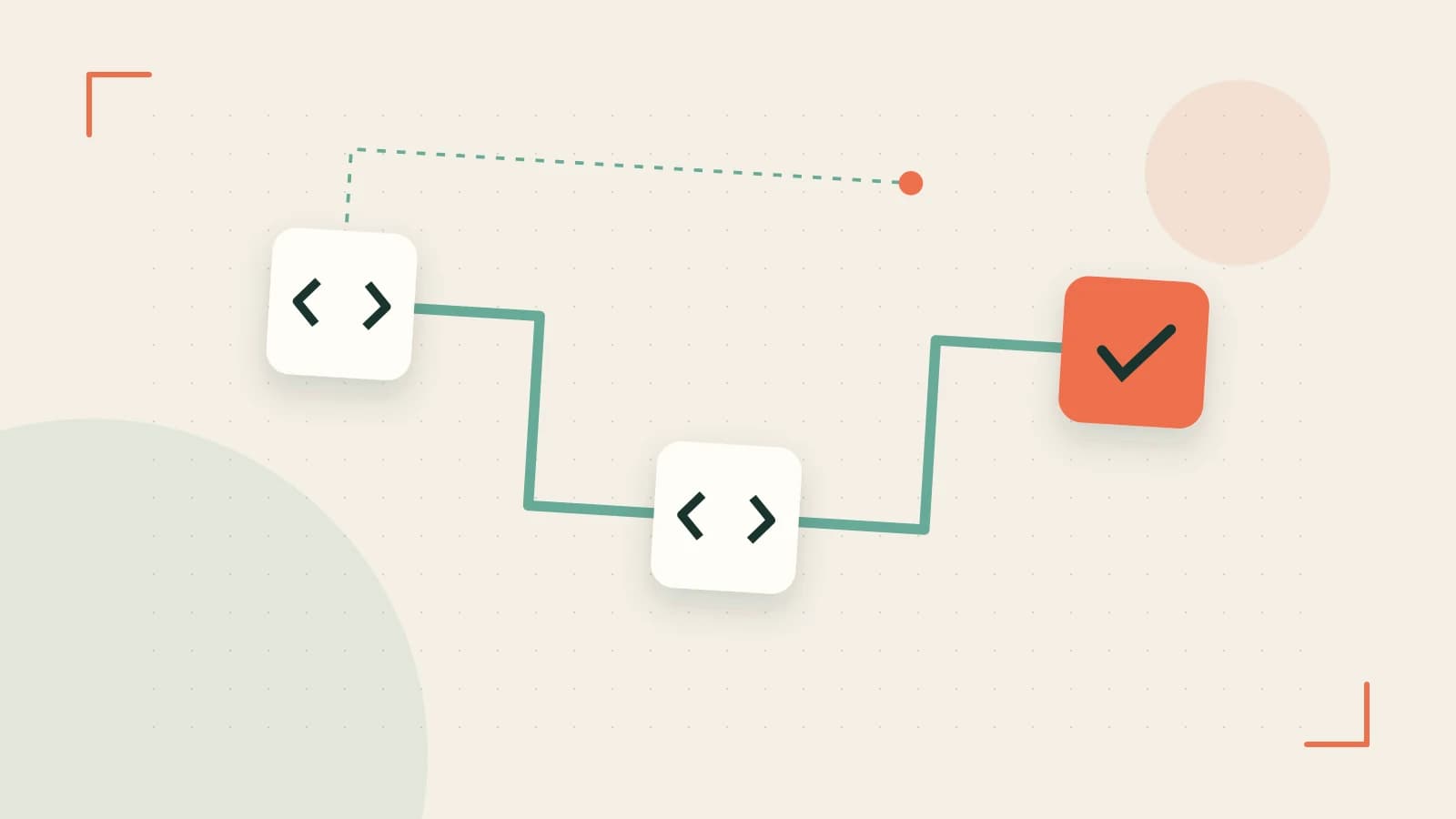 Editorial illustration of a branching build pipeline, staged transformations and a completed check