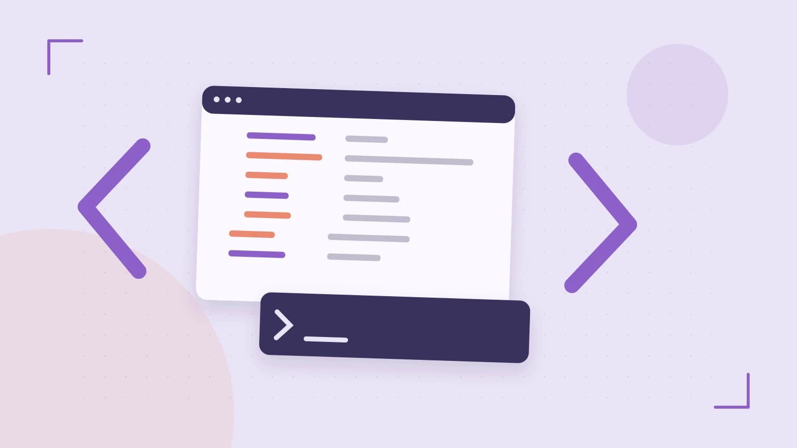 Editorial illustration of an abstract code editor, syntax blocks and oversized programming brackets