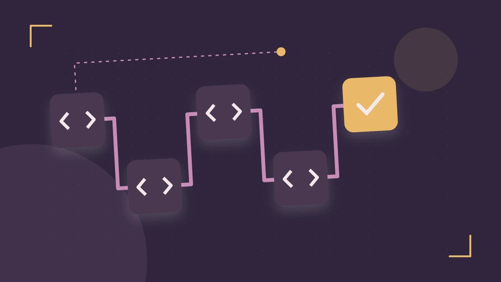 Editorial illustration of a branching build pipeline, staged transformations and a completed check