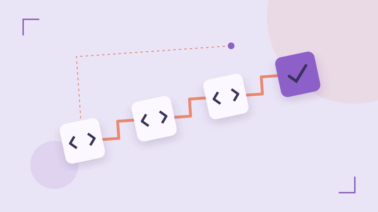 Editorial illustration of a branching build pipeline, staged transformations and a completed check