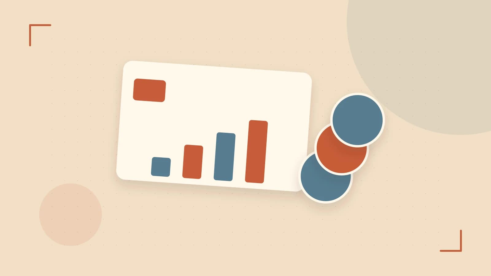 Editorial illustration of abstract coins, a payment card and a geometric financial chart without data labels