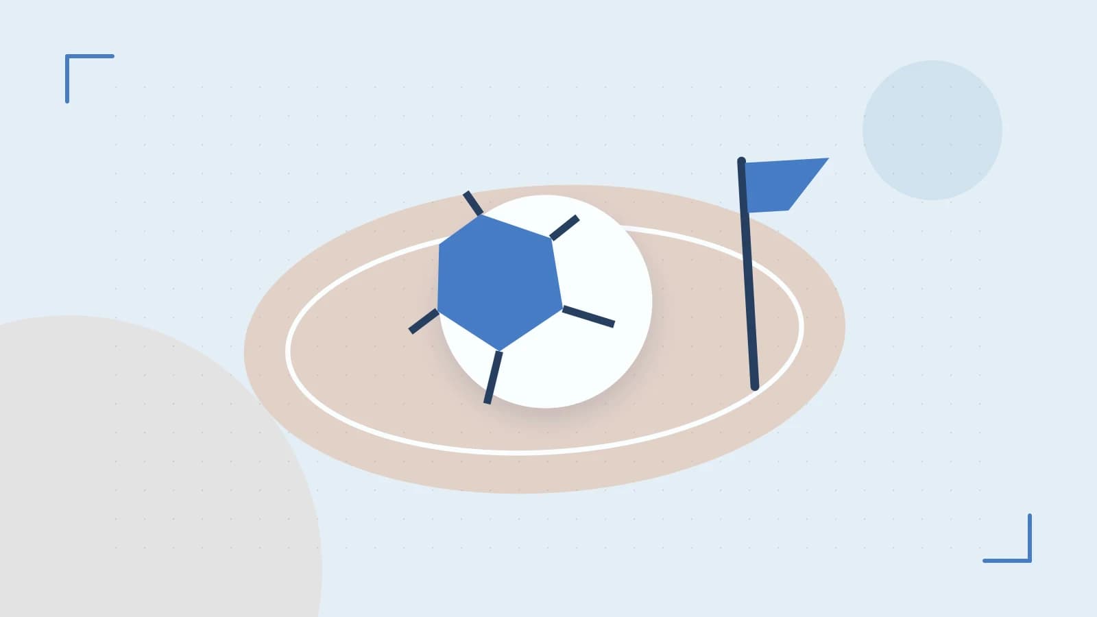 Editorial illustration of a stylized sports ball, stadium geometry and dynamic arcs