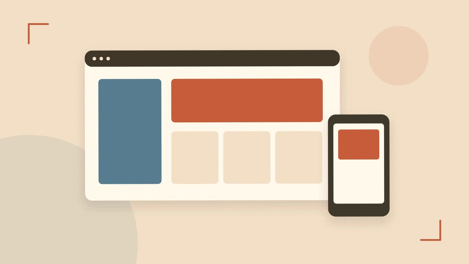 Editorial illustration of responsive browser layouts, overlapping design components and a color system
